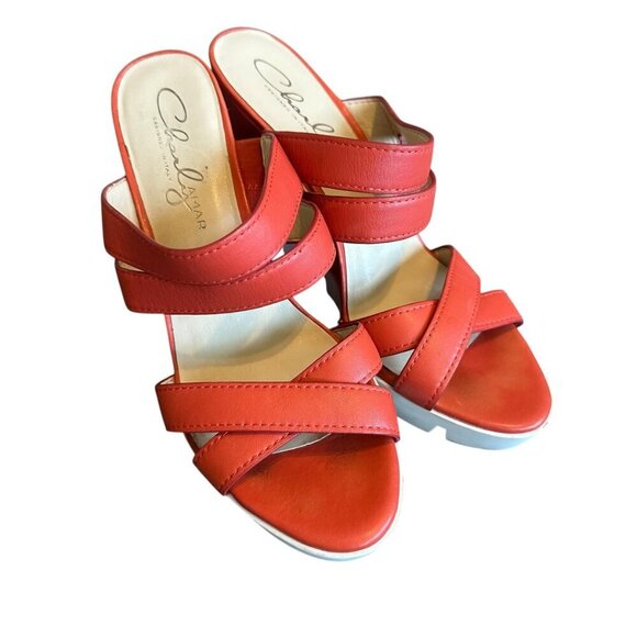Charly Amar Leather Wedge Sandals Slides Bold Coral Strappy Size 10 Women's - Picture 3 of 14